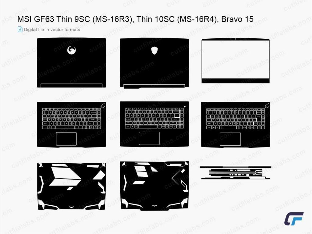 MSI GF63 Thin 9SC (MS-16R3), Thin 10SC (MS-16R4), Bravo 15 (2019, 2020, 2021) Cut File Template