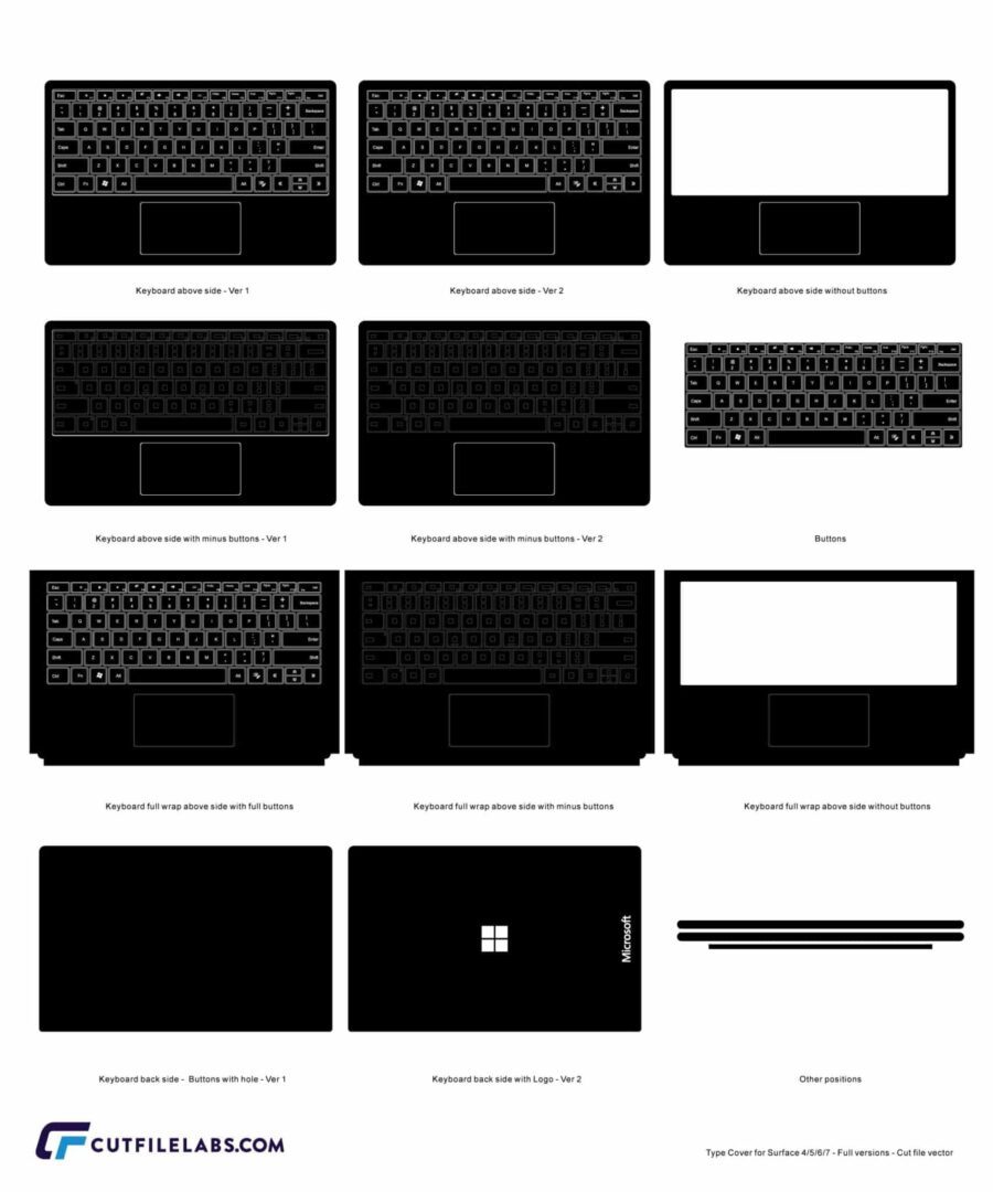 Type Cover for Surface Pro 4/5/6/7 Full Versions Cut File Template Vector