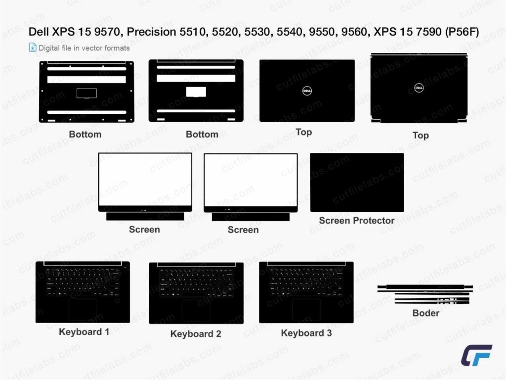 Dell XPS 15 9570, Precision 5510, 5520, 5530, 5540, 9550, 9560, XPS 15 7590 (P56F) Cut File Template