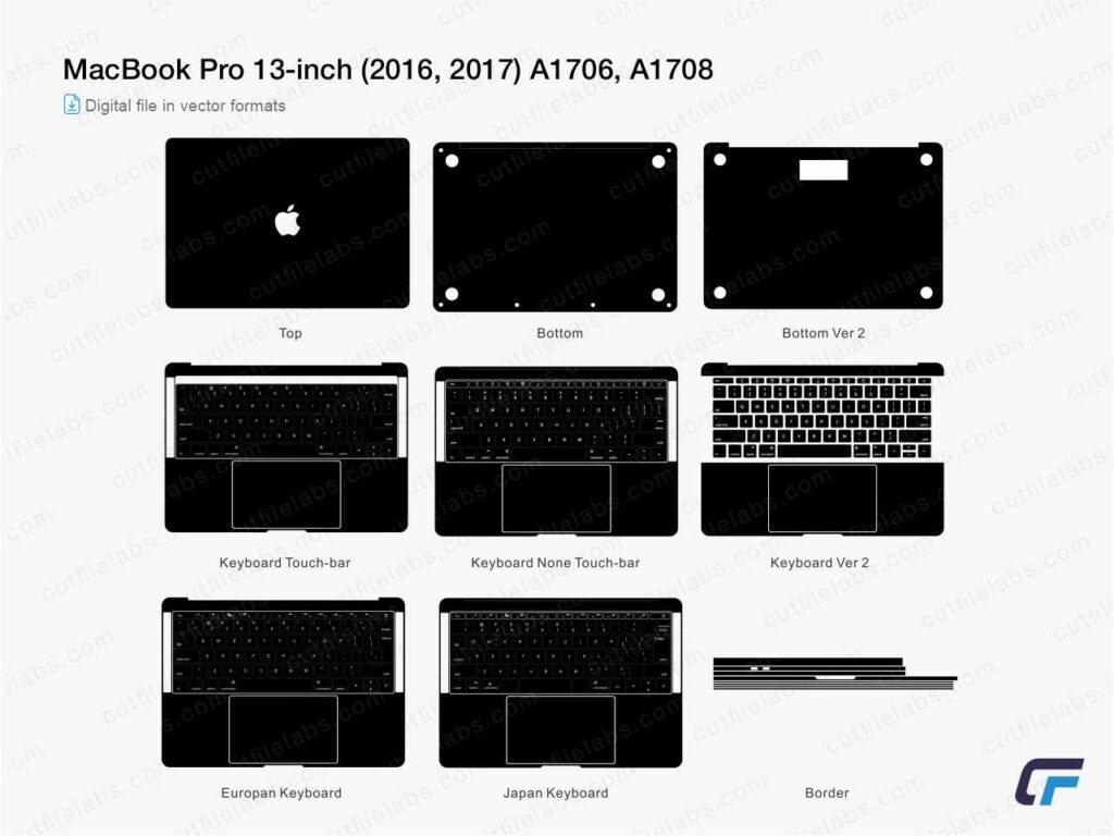 MacBook Pro 13-inch (2016, 2017) A1706, A1708 Cut File Template